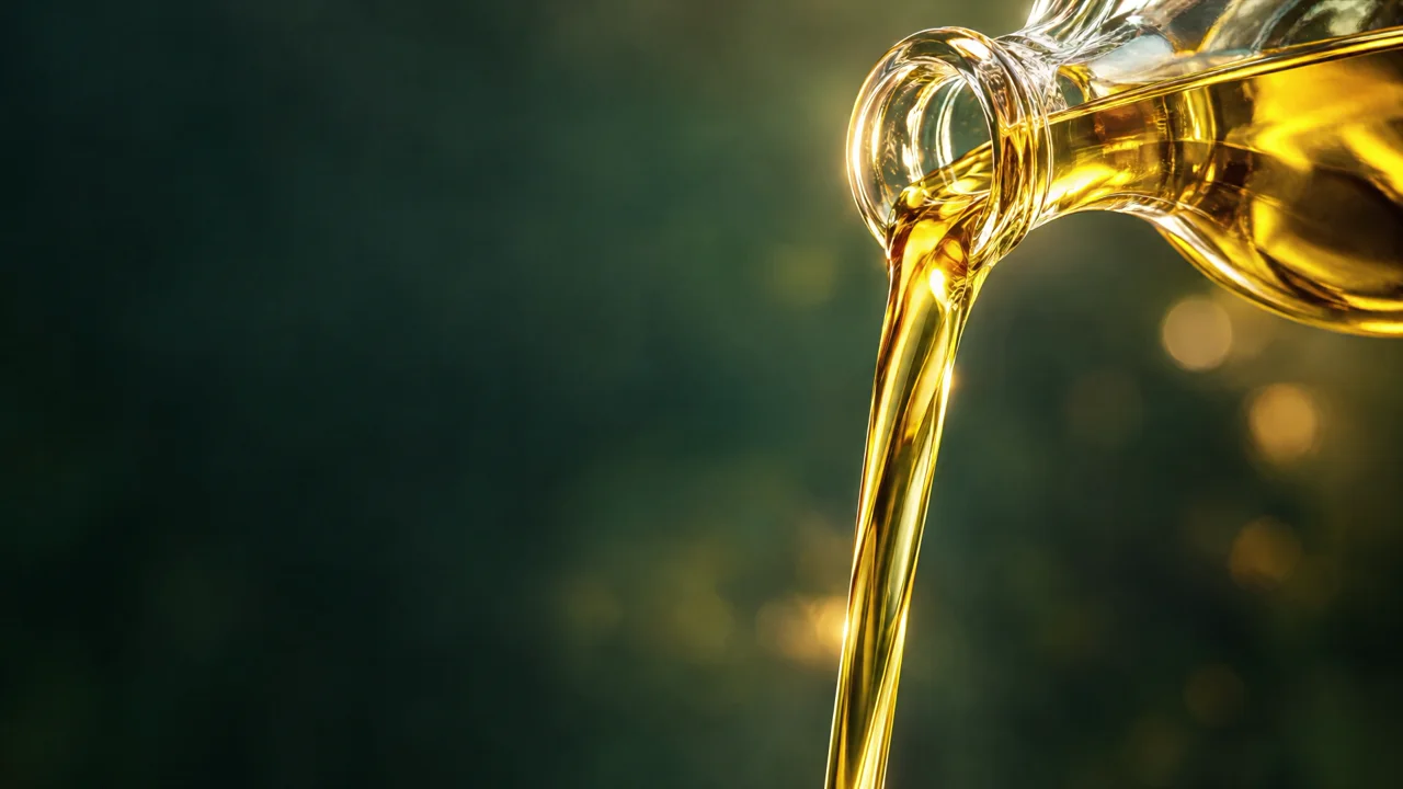 Golden cooking oil pouring from glass against a dark background